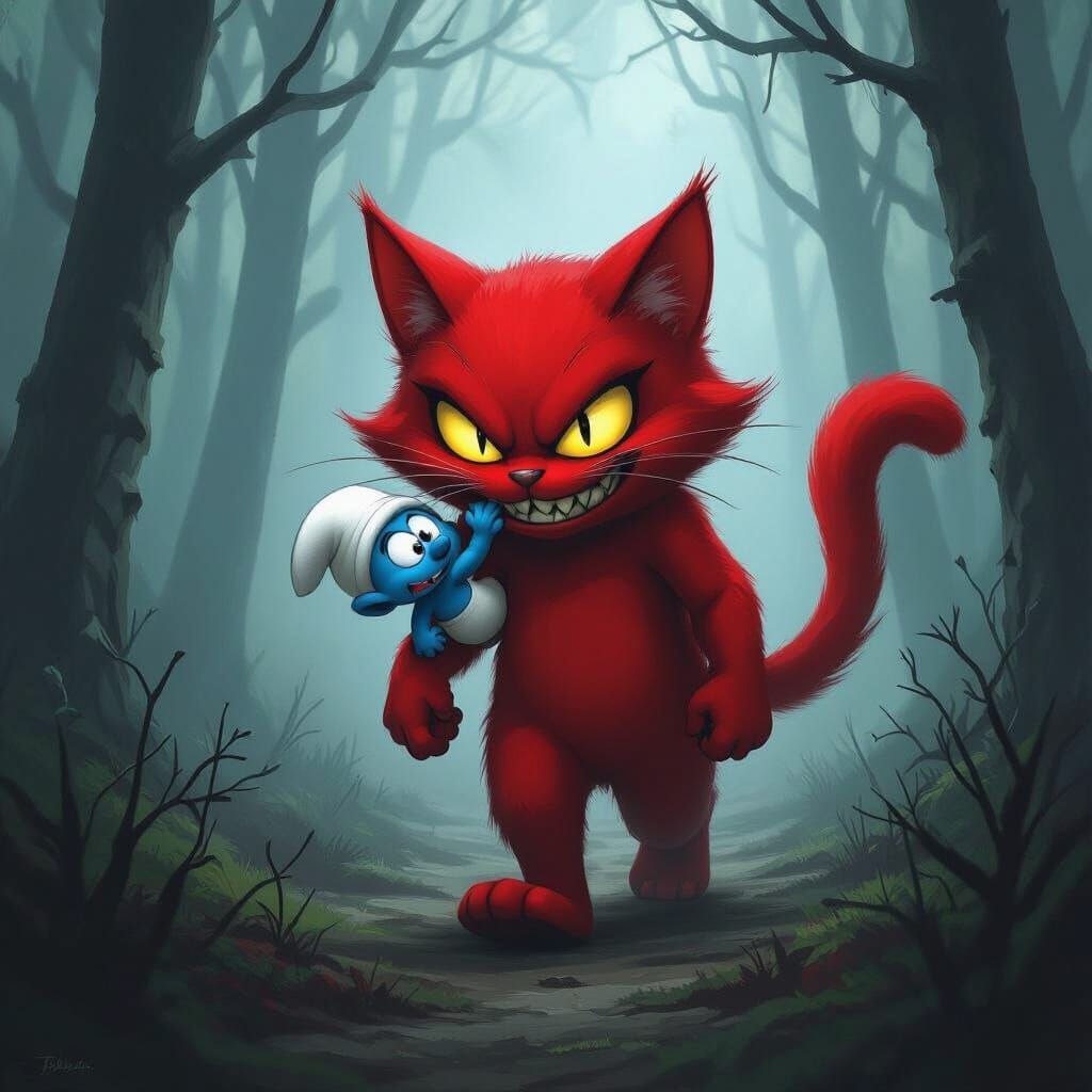 Sinister Red Cat in Dark Forest with Smurfkin