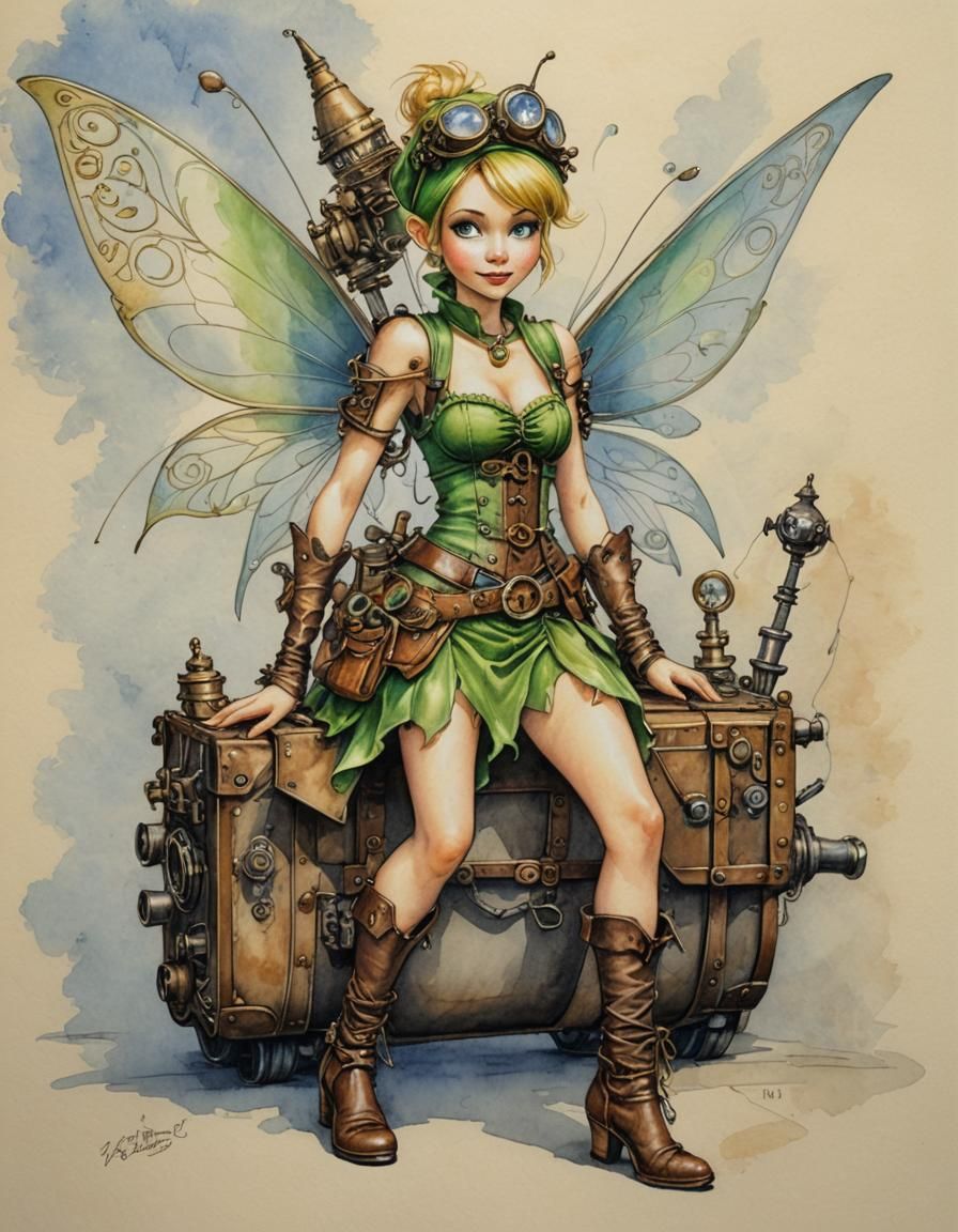 Steampunk Tinkerbell Travel Sketch in Watercolor