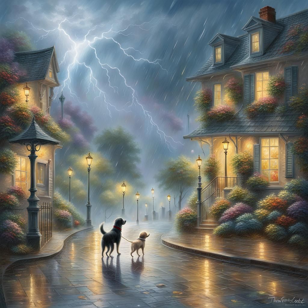 Dog Walks in Rain: Ethereal Fantasy Art