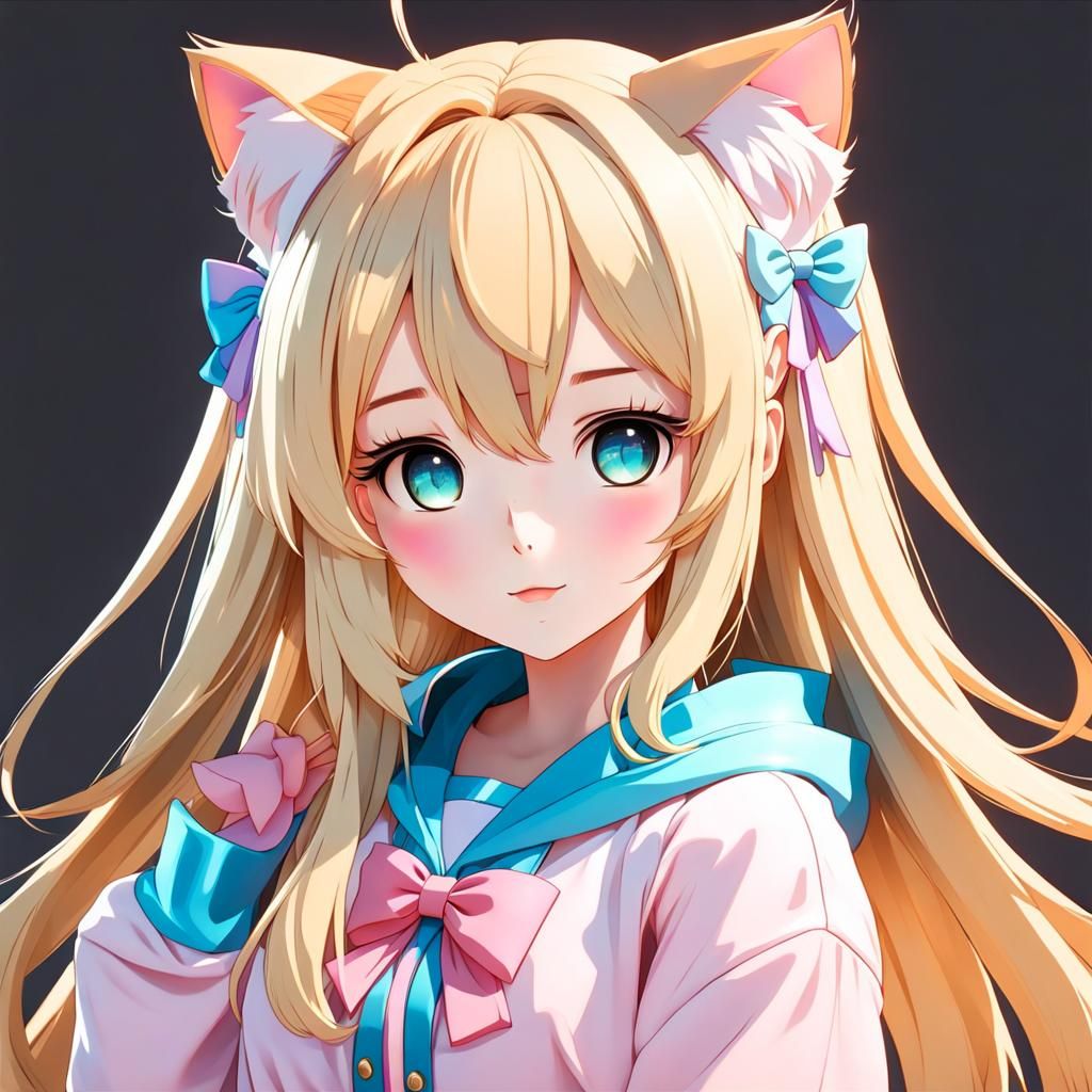 Cute Anime Girl with Cat Ears in Pastel Colors