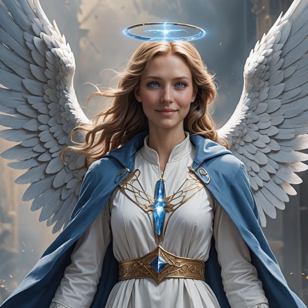 Hyperrealistic Archangel Ramiel with Blue Coat and Wings