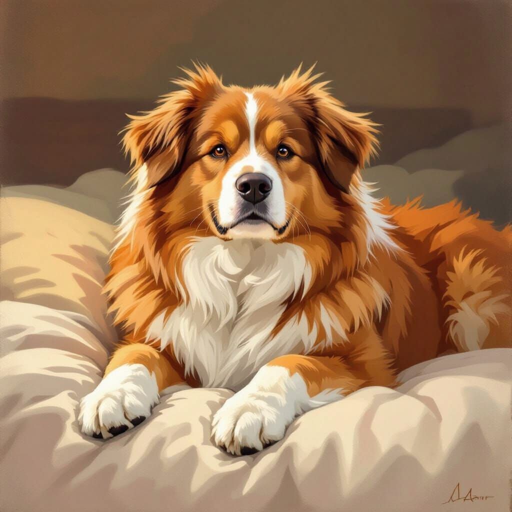 Fluffy Dog Portrait in Warm Painterly Style