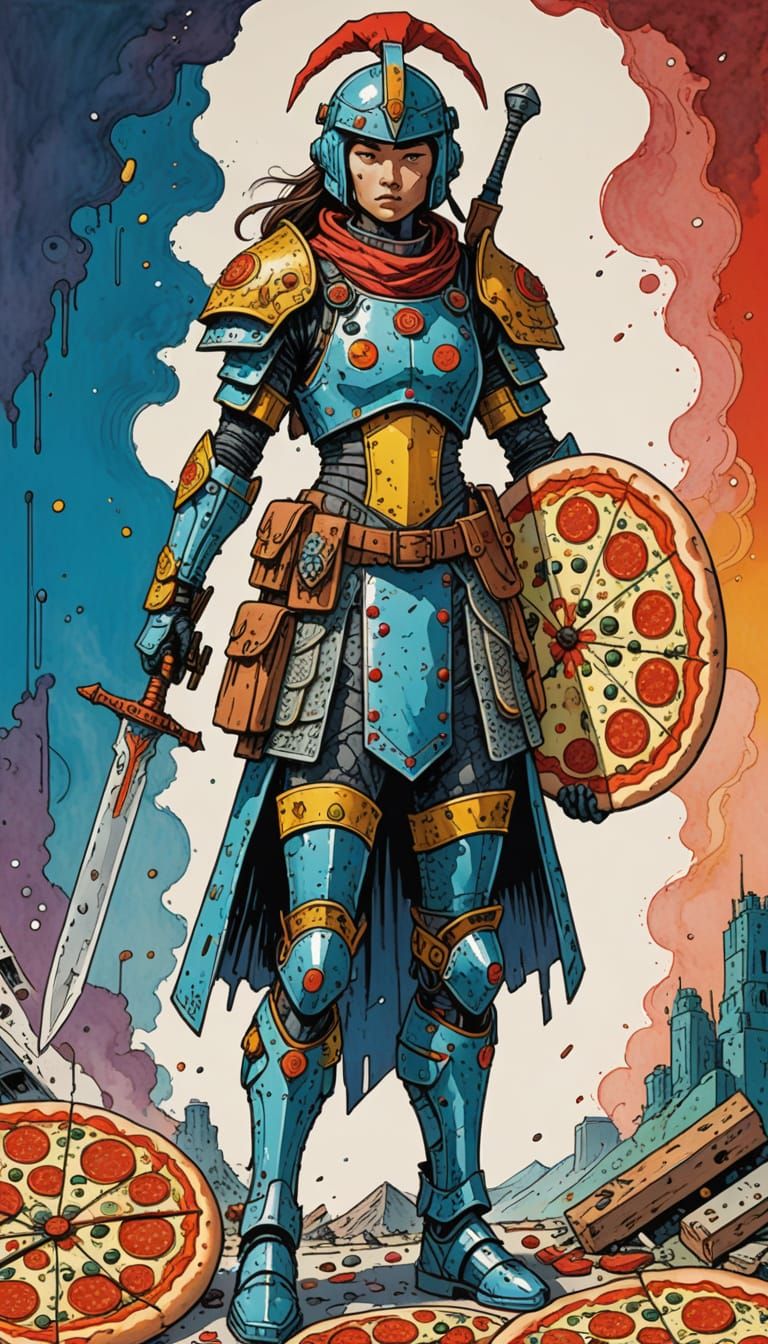 Vibrant Warrior in Moebius-Inspired Pizza Armor