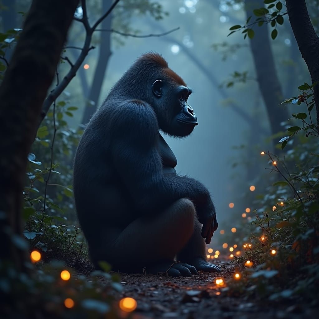 Gorilla in Dimly Lit Jungle at Dusk
