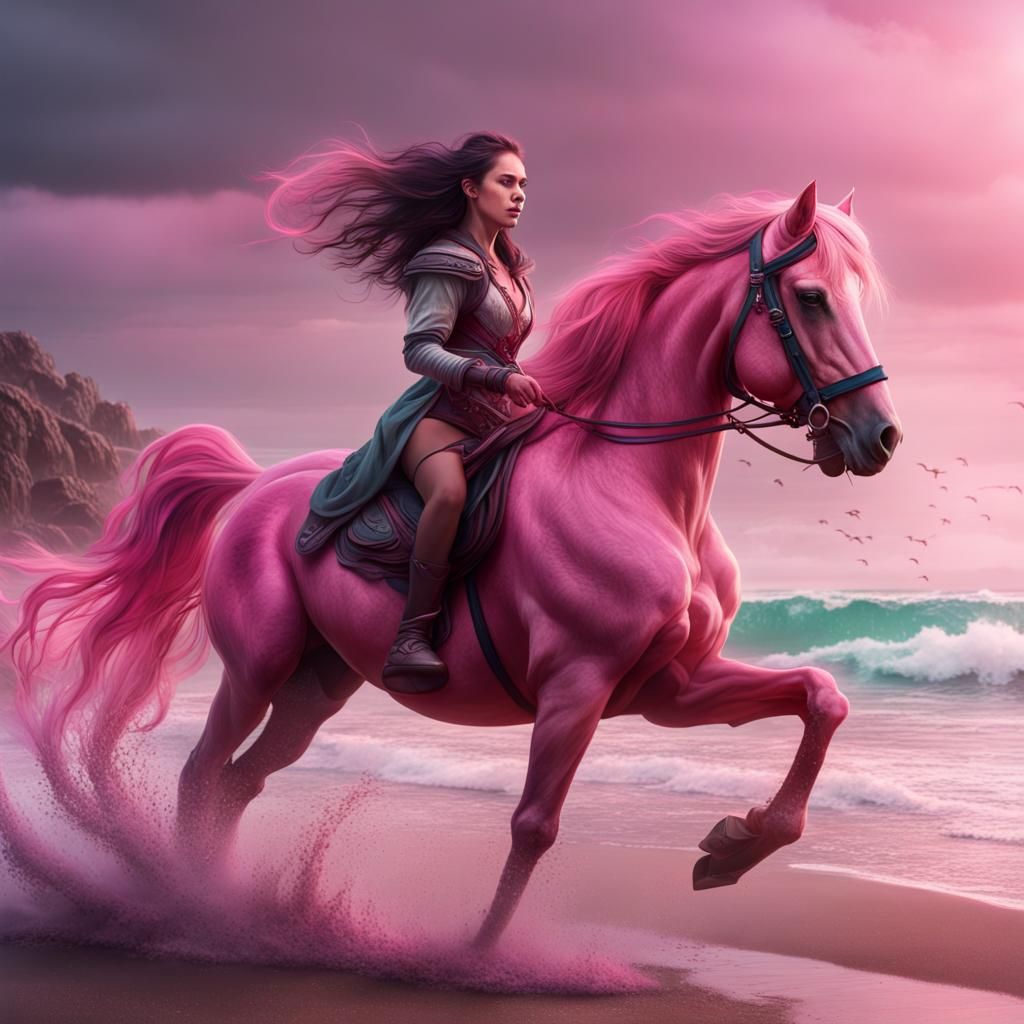 Girl on Pink Horse: Detailed Fantasy Beach Scene