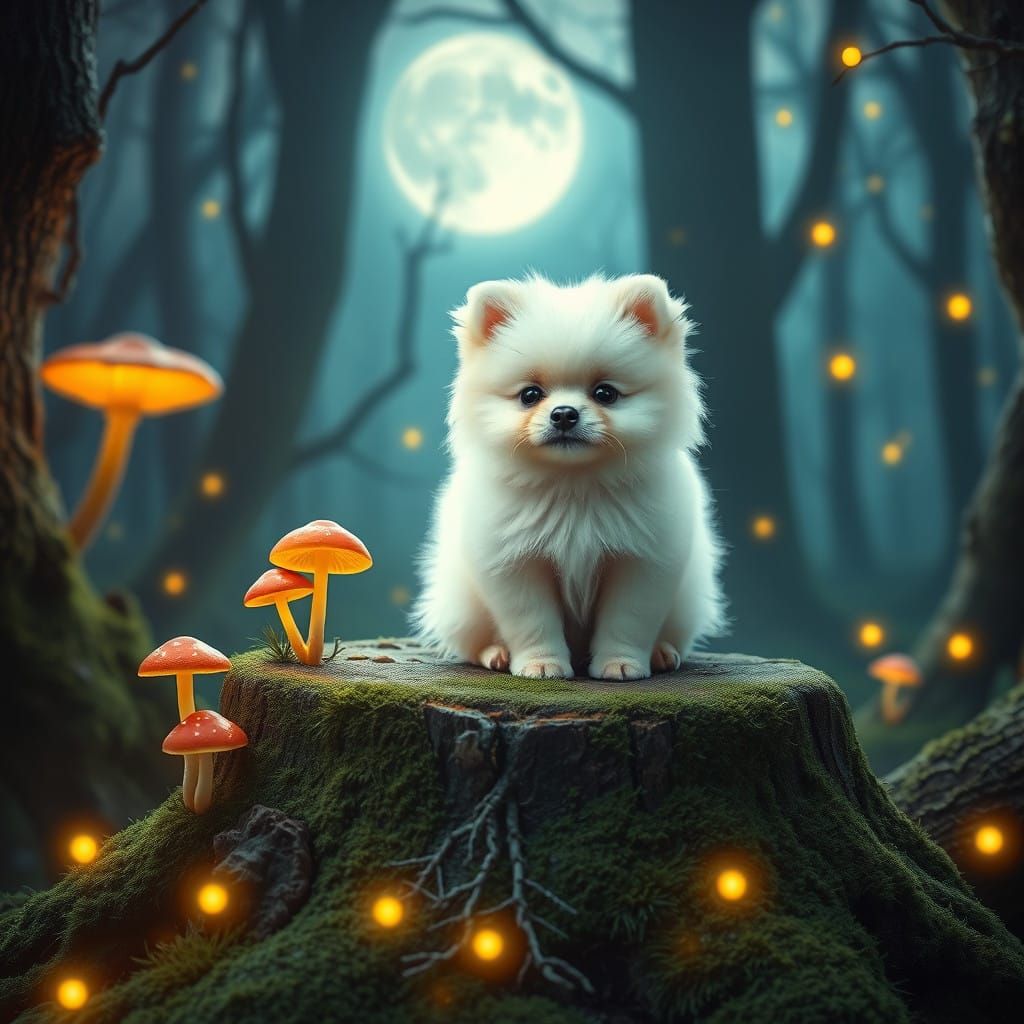 Moonlit Pomeranian in Enchanted Forest