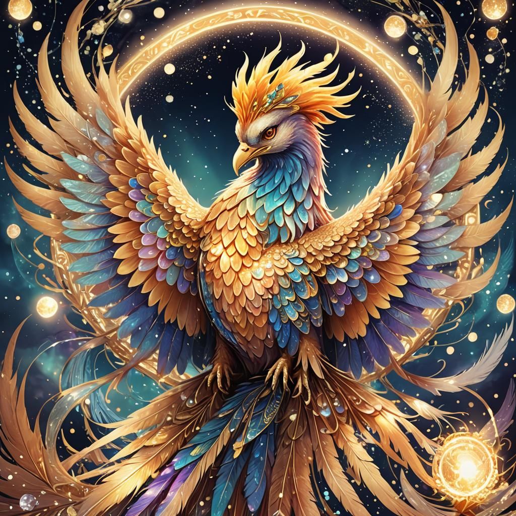 Phoenix with Tarot Cards Under Moon in Anime Style