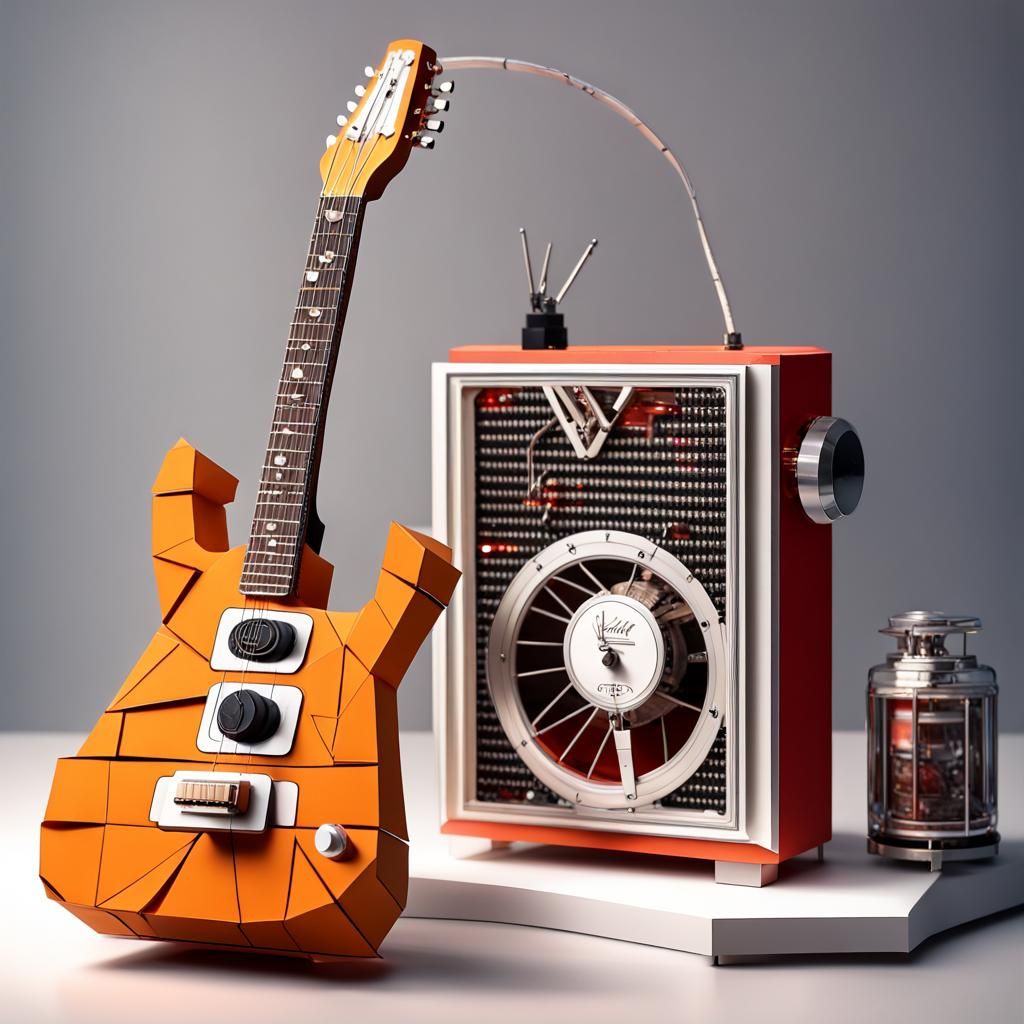 Nixie Clock with Amplifier and Guitar in Origami Style