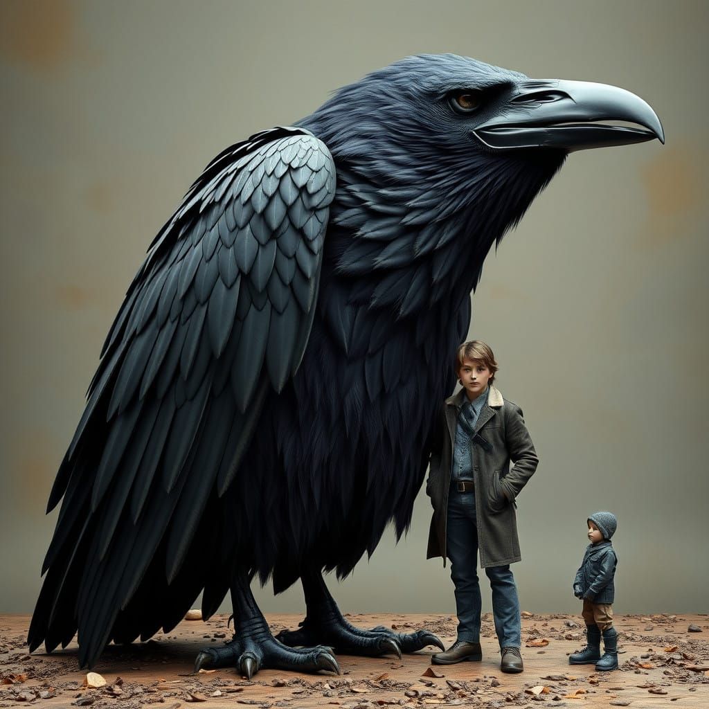 Majestic Raven Towers Over Human Form