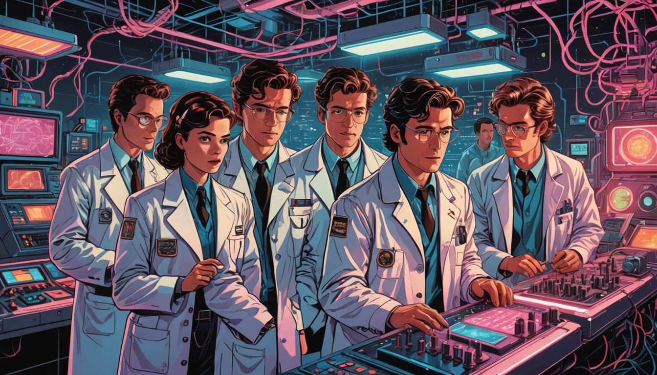Retro Sci-Fi Scientists with Neon Console