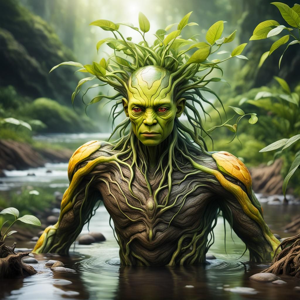 Hyperrealistic Plant Humanoid with Flowing River Hair