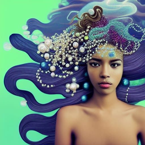 Underwater Portrait with Pearls in Expressionist Style