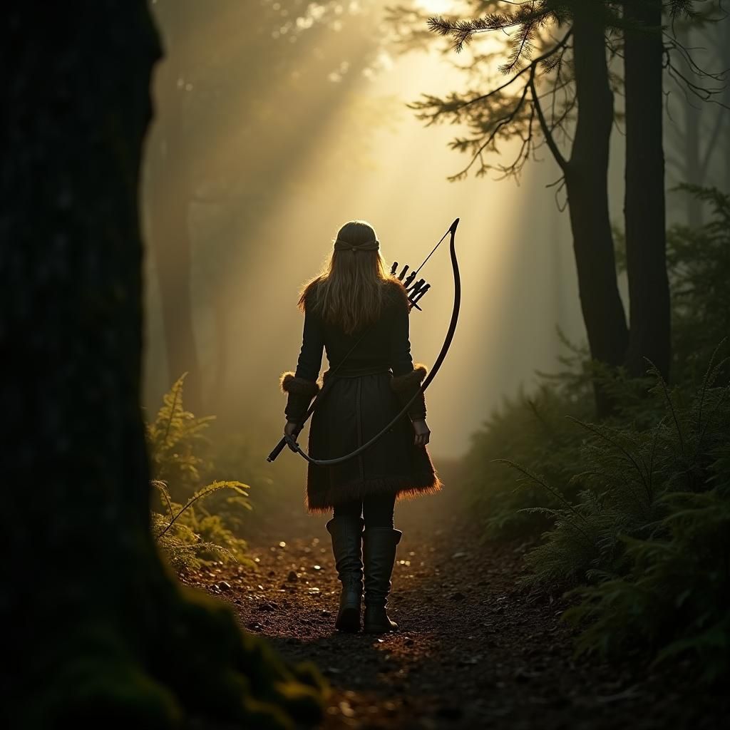 Iron Age Girl Hunting in Misty Woodland