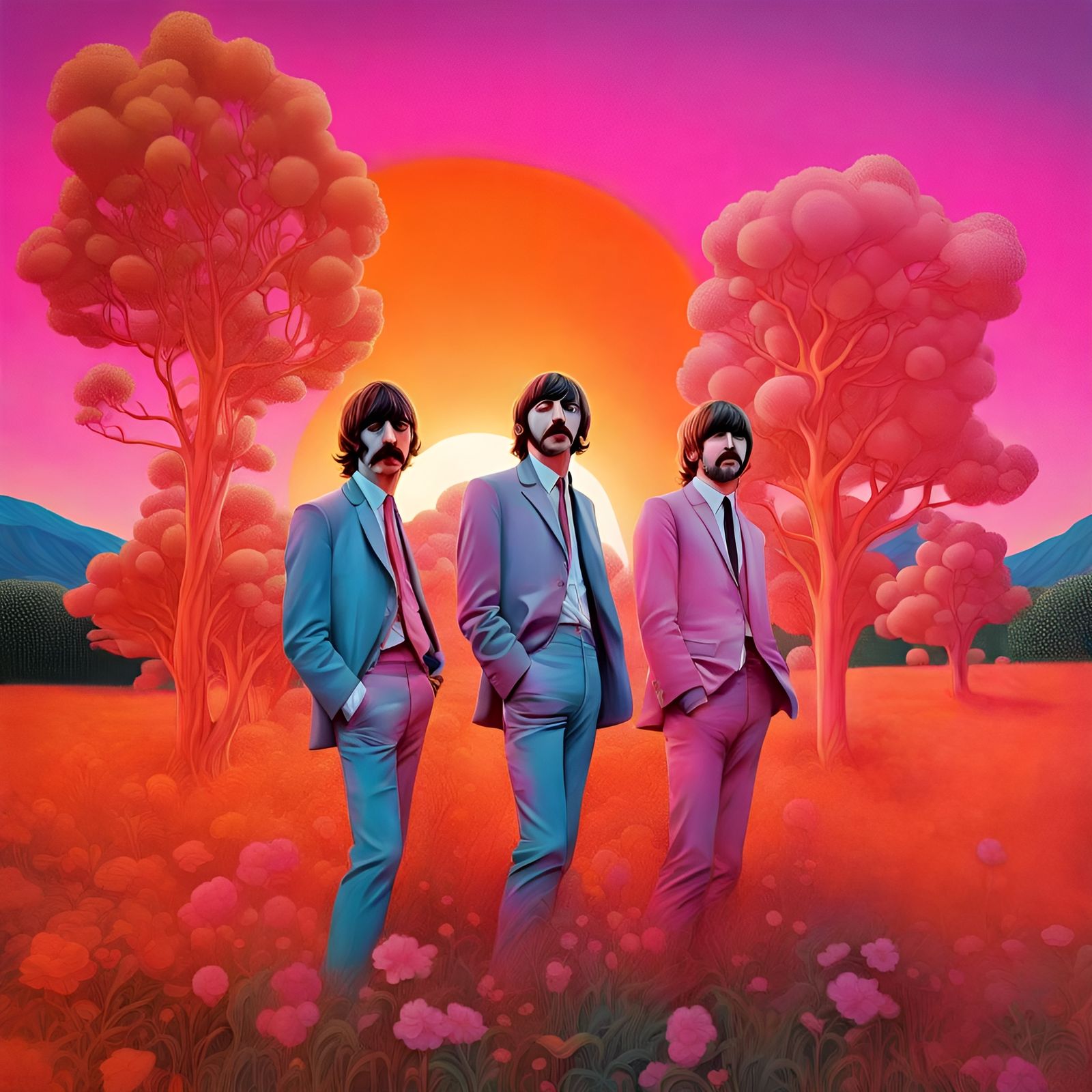 The Beatles in Psychedelic Sunset Meadow