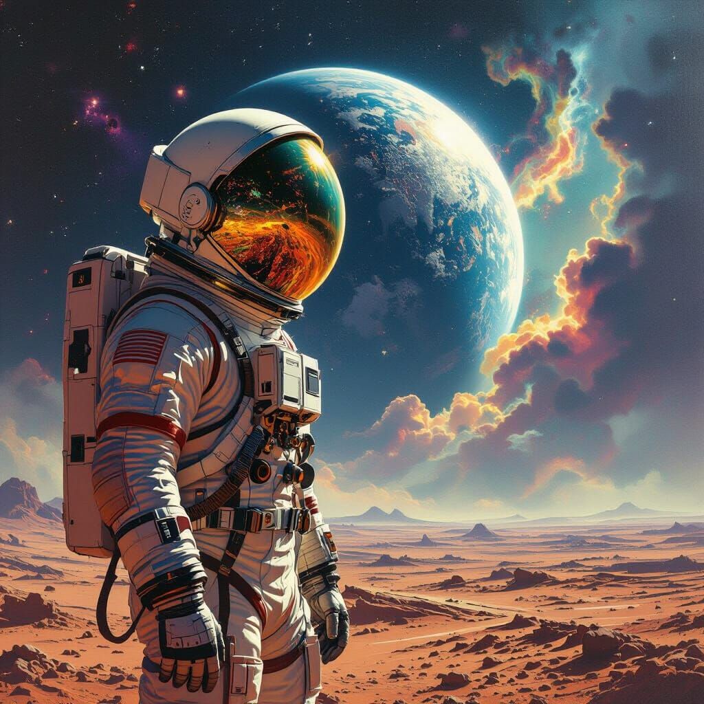 Astronaut Adrift in Cosmic Ocean with Nebula Clouds