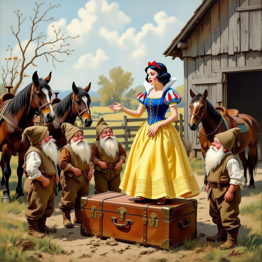Snow White Scolds Dwarves: Rockwell-esque Farm Scene