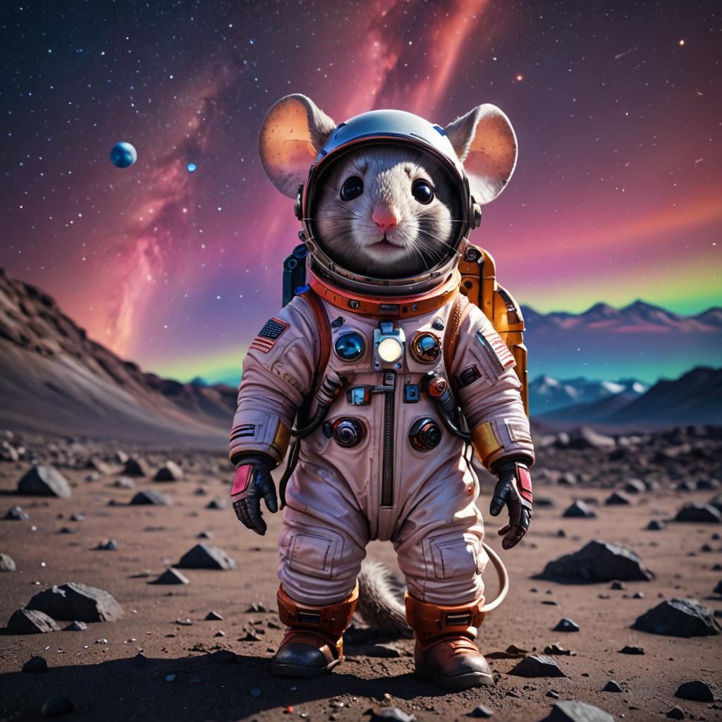 Chibi Mouse Astronaut on Moon with Northern Lights