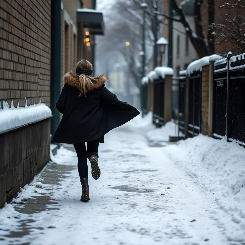 Woman Runs Down Winter Alley in a Frenzied Dash