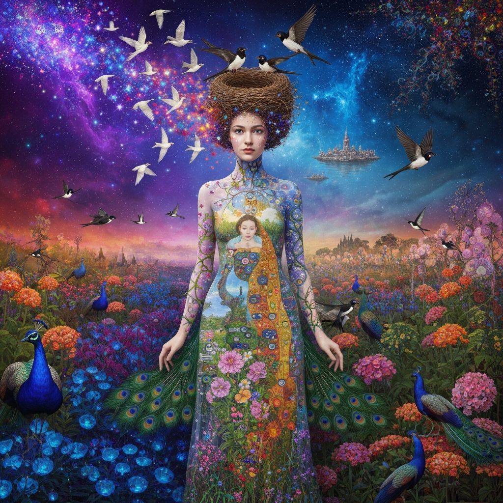 Ethereal Woman Transforms into Birds Amidst Cosmic Art