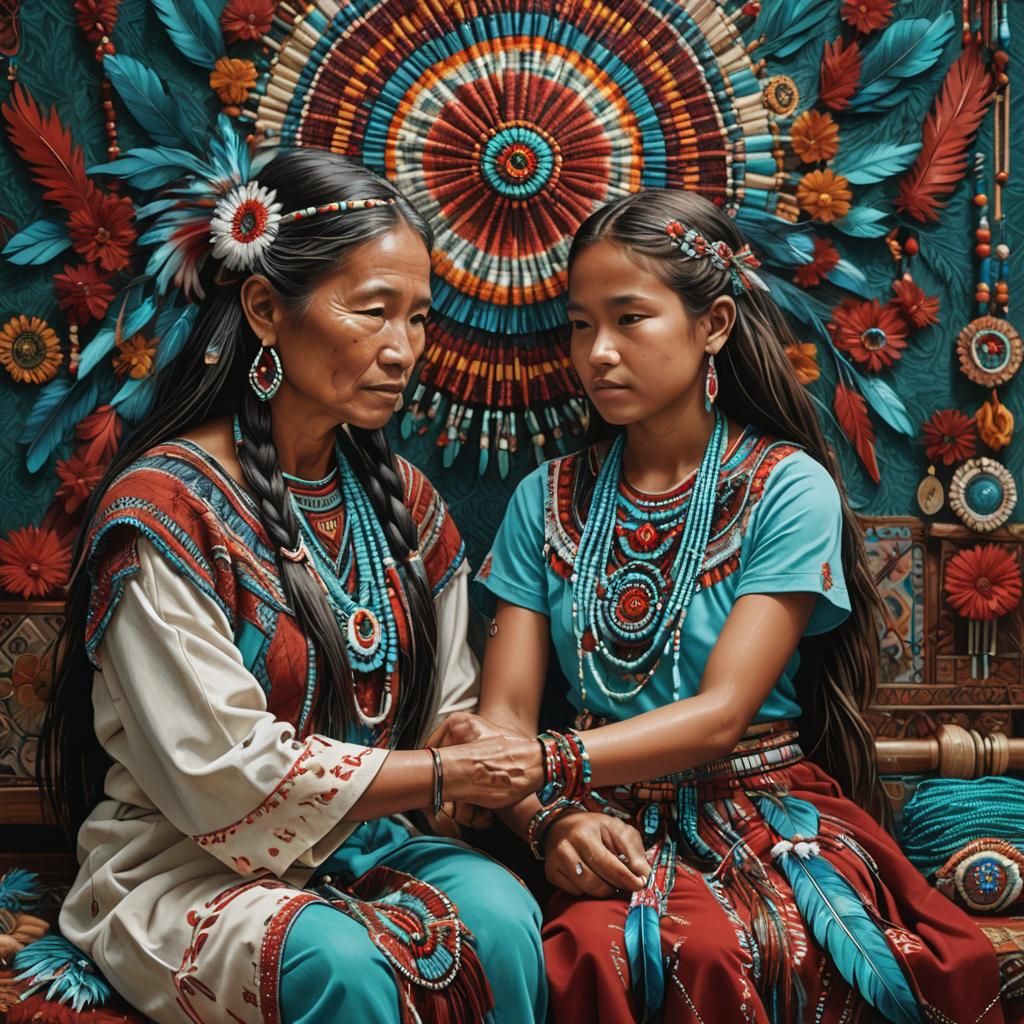 Native mother and daughter beading