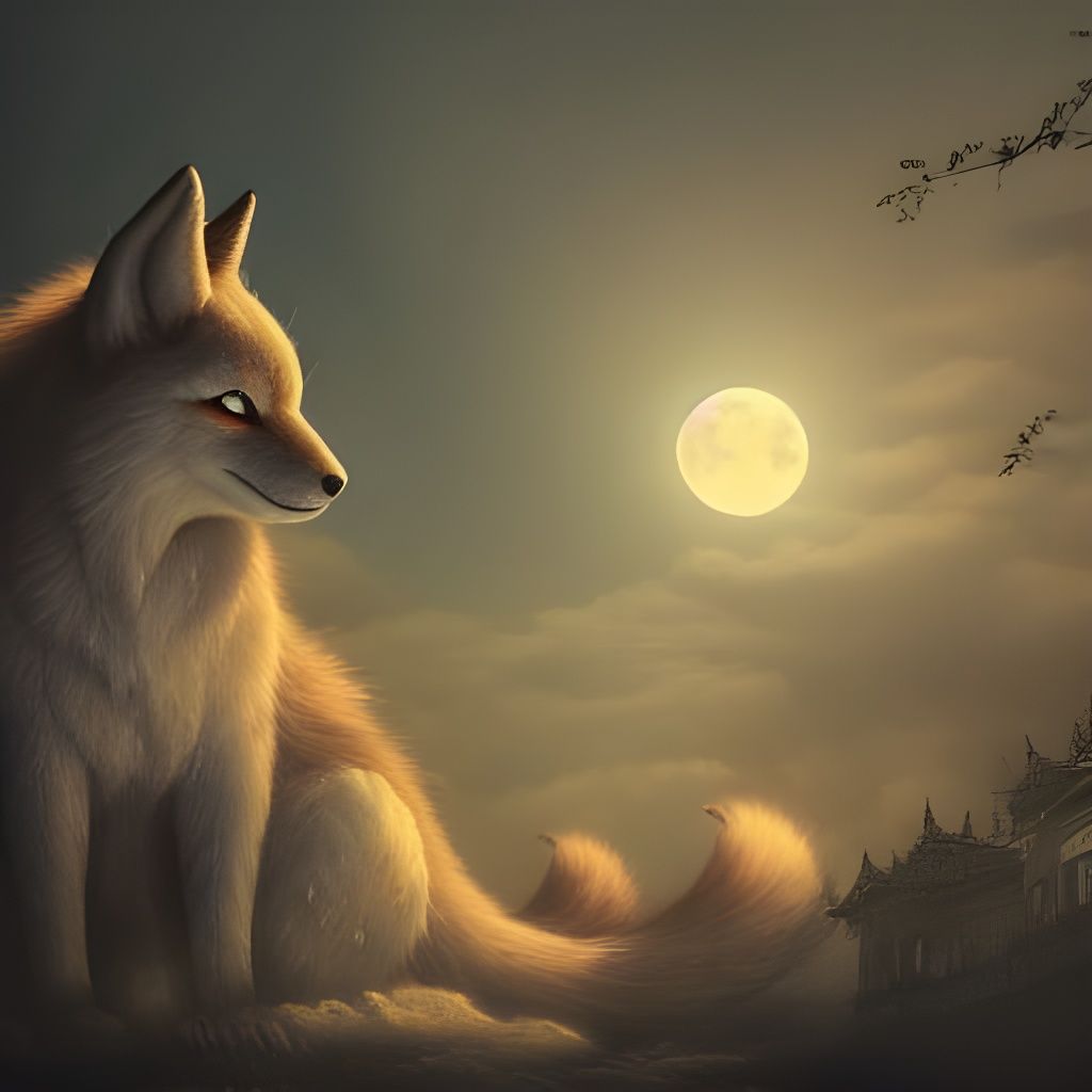 Giant Kitsune in Moonlit Sky: Digital Matte Painting
