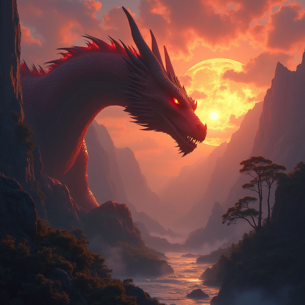Dragon's Fiery Sunset Gaze: Fantasy Concept Art