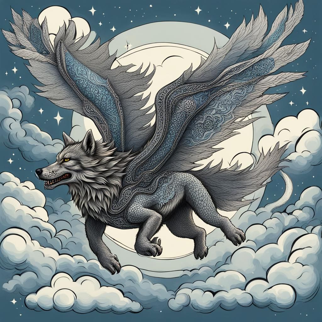 Wolf Dragon Soaring Through the Sky