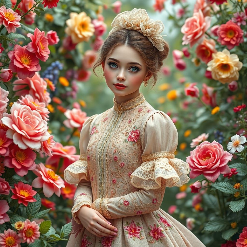 Hand-Stitched Portrait of Elegant Lady in Floral Garden