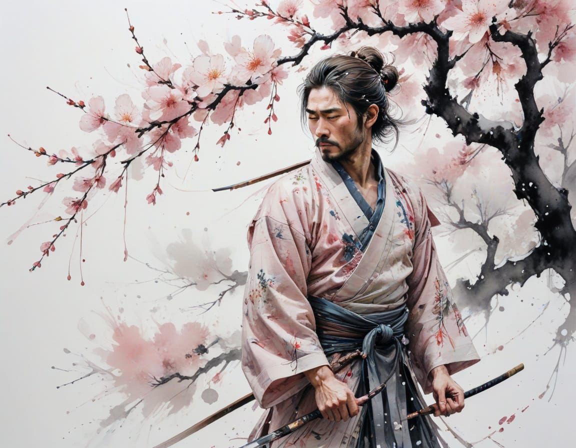 Samurai Under Cherry Blossoms in Japanese Ink Wash Style