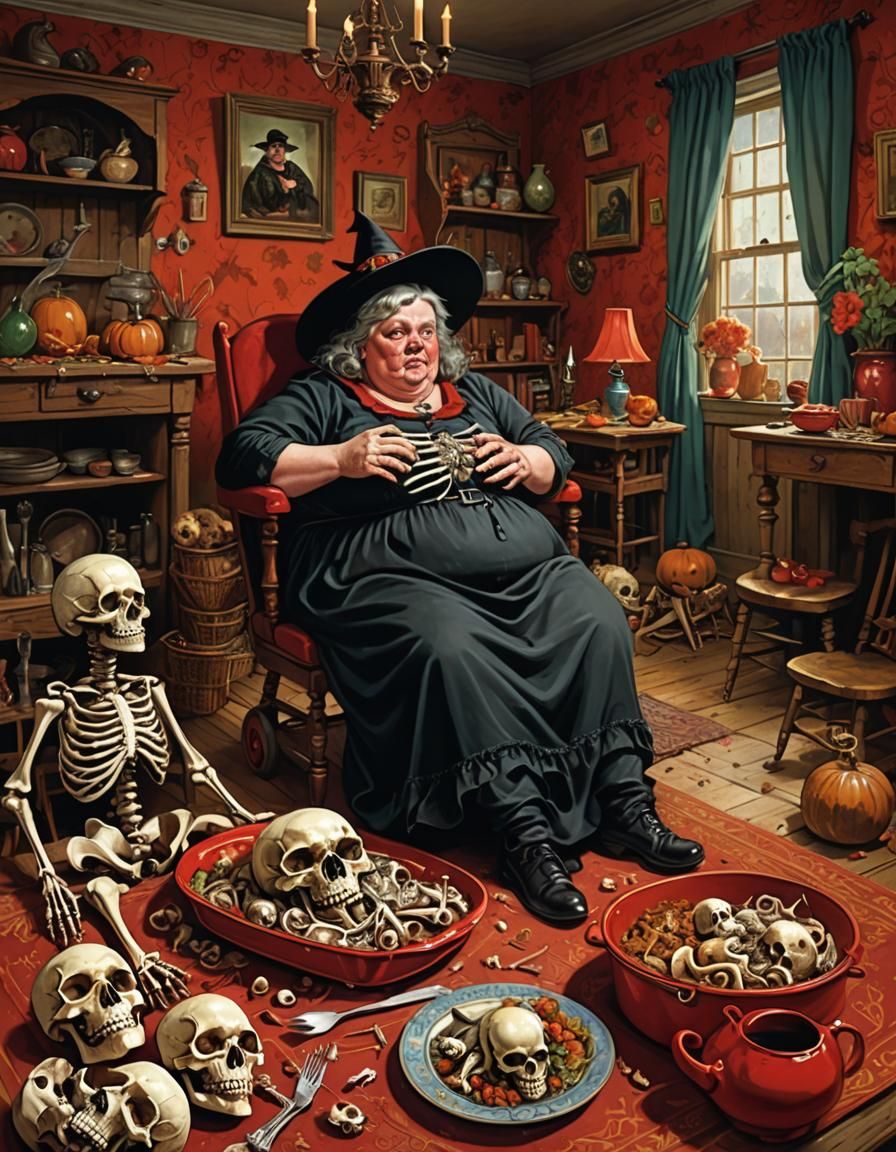 Overweight Witch at Dining Table: Digital Art