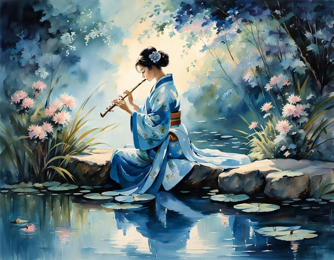 Ethereal Painting of Woman Playing Flute