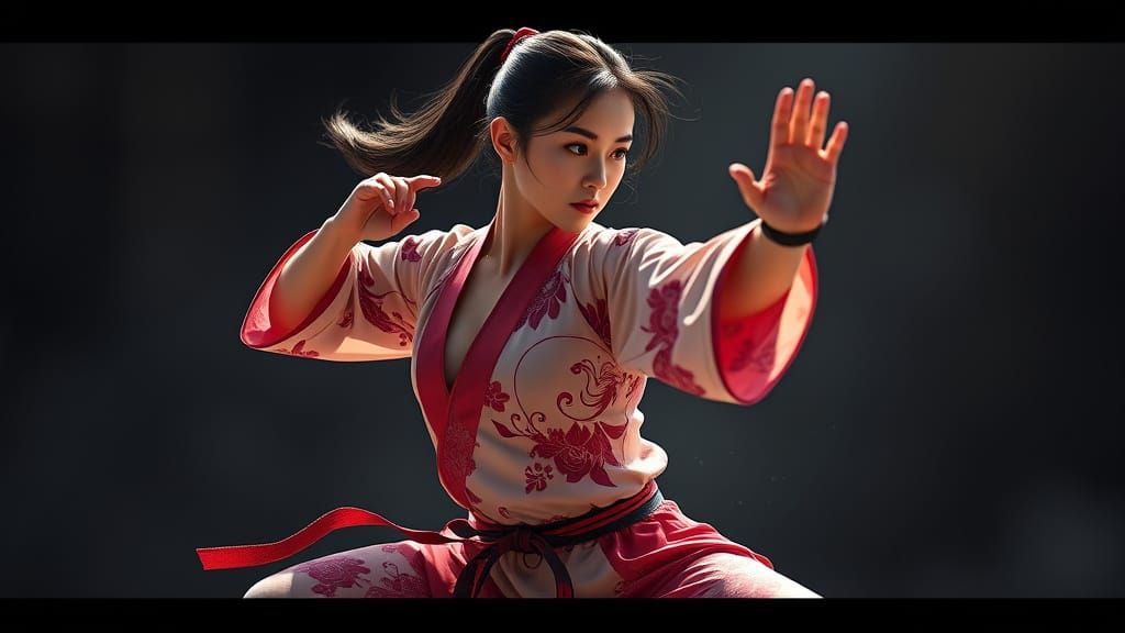 Asian Woman in Elegant Martial Arts Movement with Modern Act...