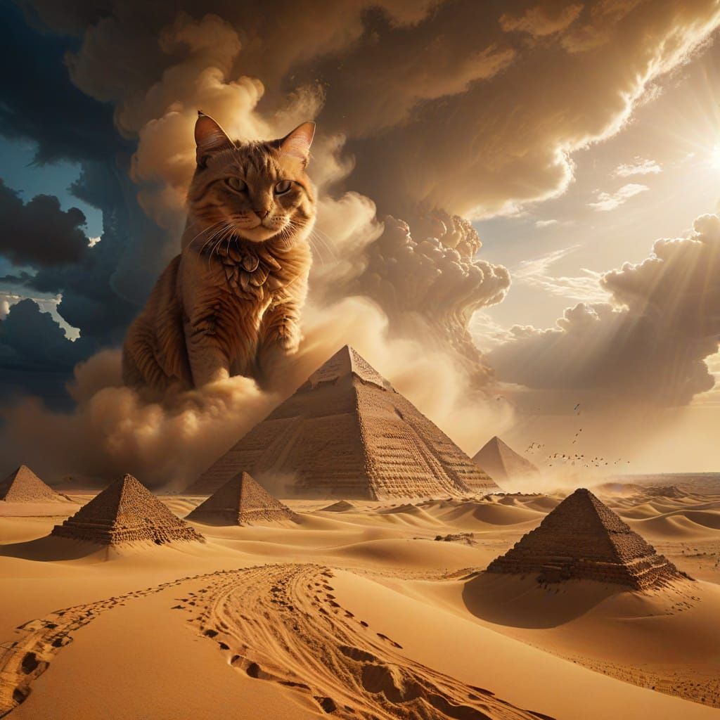 A sandstorm shaped like a cat engulfs ancient Egyptian pyram...