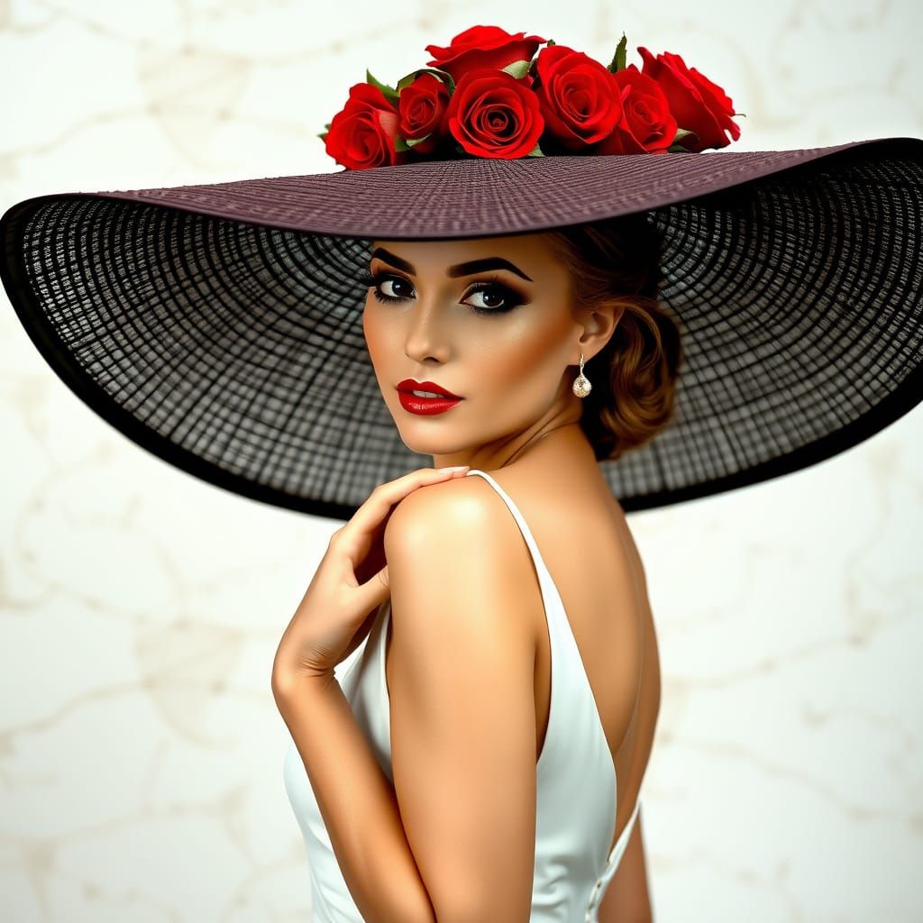 A striking woman in a white dress poses elegantly, adorned w...