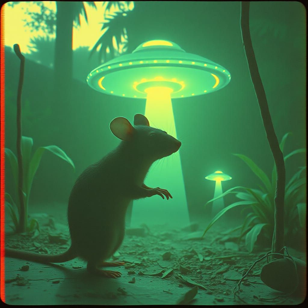 1980s Glitch Style Shy Mouse and UFOs