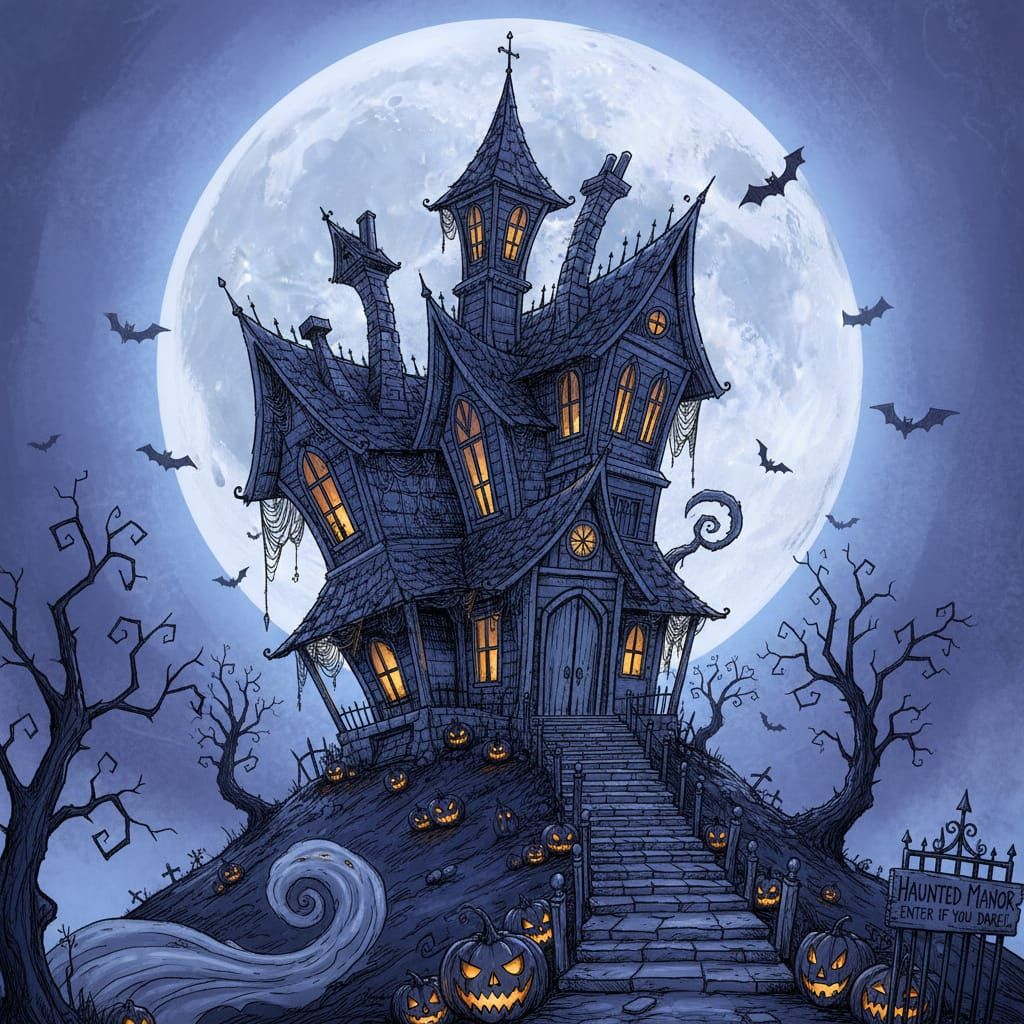 Haunted Halloween House Under Full Moon