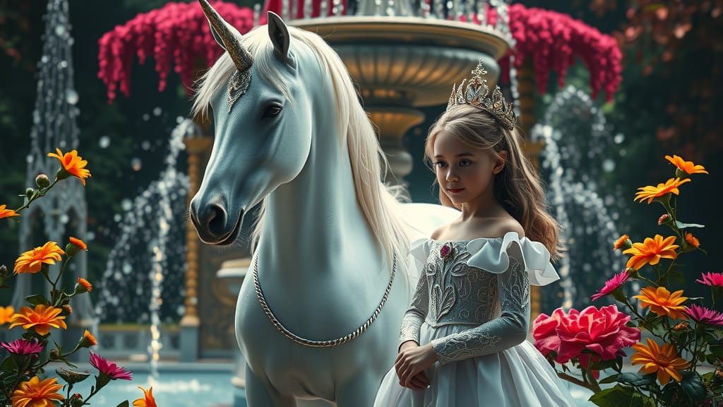 Majestic White Unicorn Beside Elegant Princess in Dark Fanta...