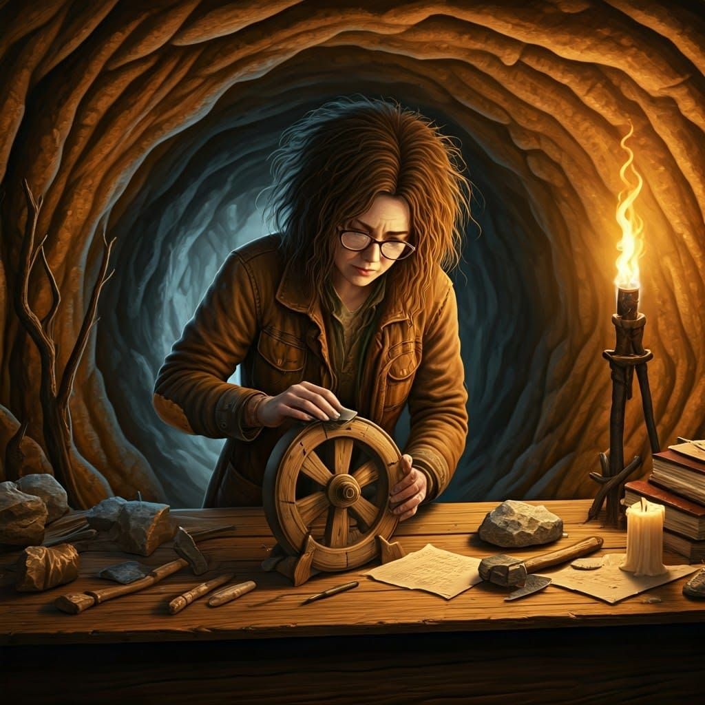 Female Professor Crafts Ancient Wheel in Mystical Cave Study