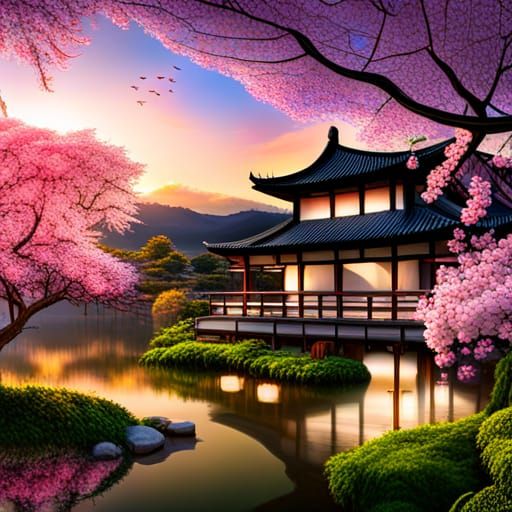 Photorealistic Cherry Blossom Garden at Golden Hour