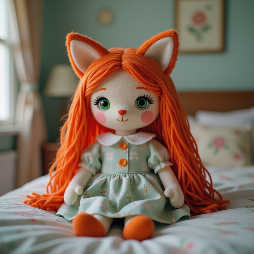 Cute Raggedy Doll with Fox Ears and Orange Yarn Hair