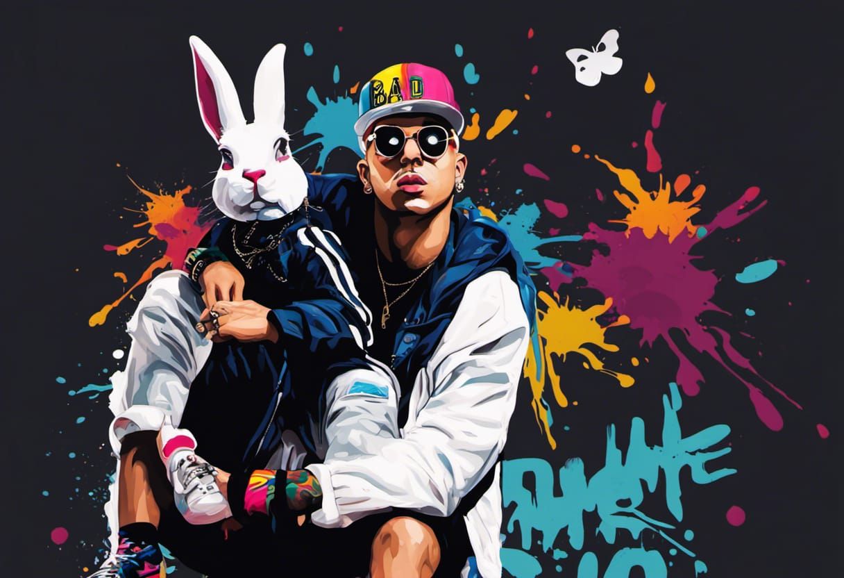 Bad Bunny with Peurto Rico theme graffiti art, splash art, street art, spray paint, oil gouache melting, a...
