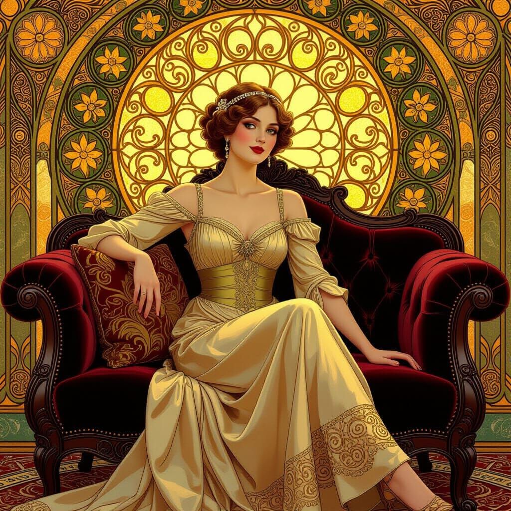 Elegant Woman on Velvet Couch in Art Nouveau Style