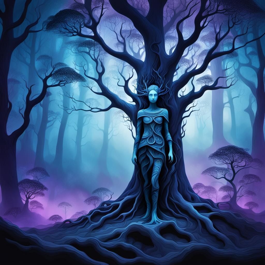 Mystic Forest Landscape with Eerie, Dreamlike Fractals