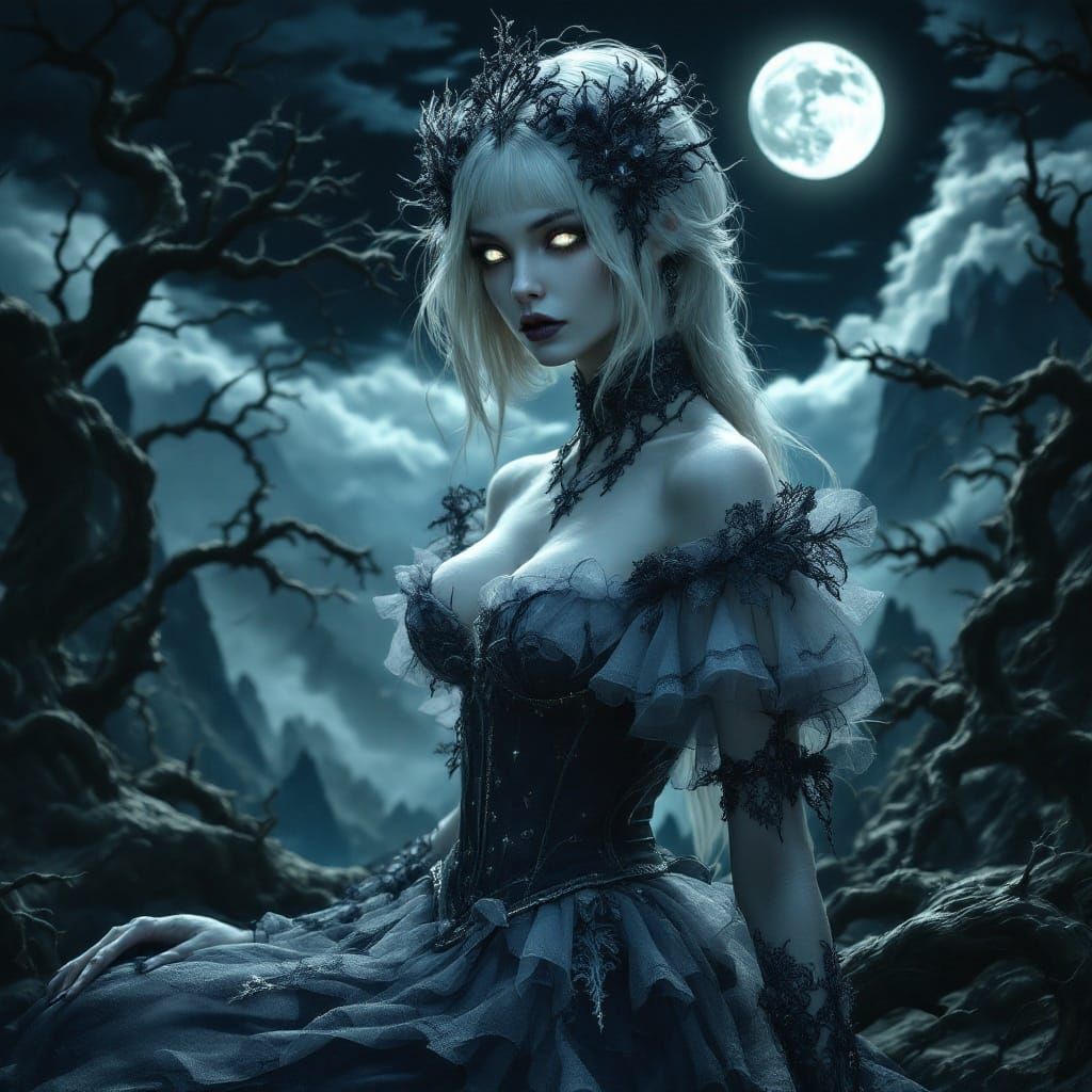 Gothic Fairy Demon Woman in Moonlit Landscape