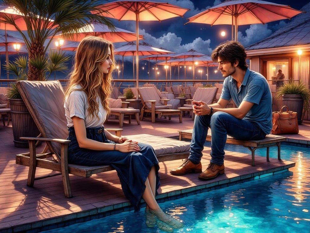 Intimate Cruise Ship Conversation in Ink Wash Style