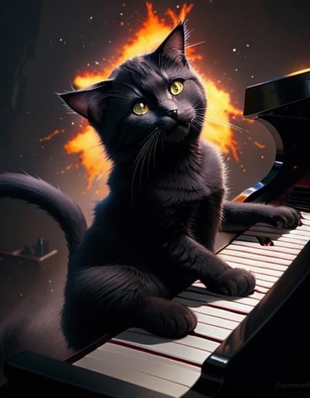 Sinister Cat Pianist in Colorful Digital Painting