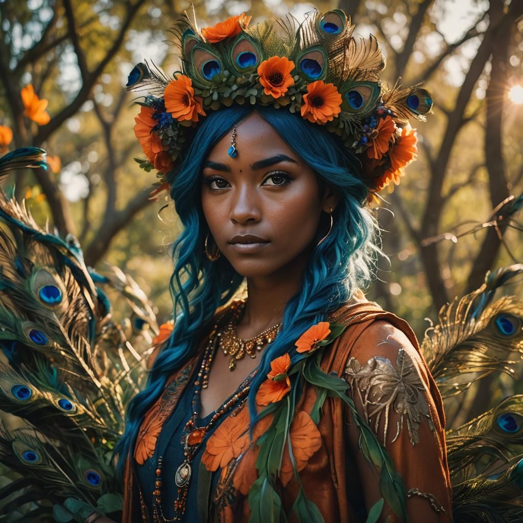 Peacock Haired Woman with Flower Crown in Golden Light