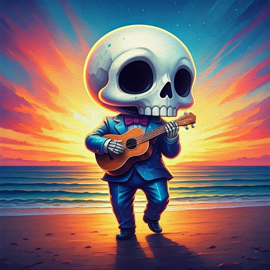 Joyful Skeleton Dances Under Rainbow Sunset