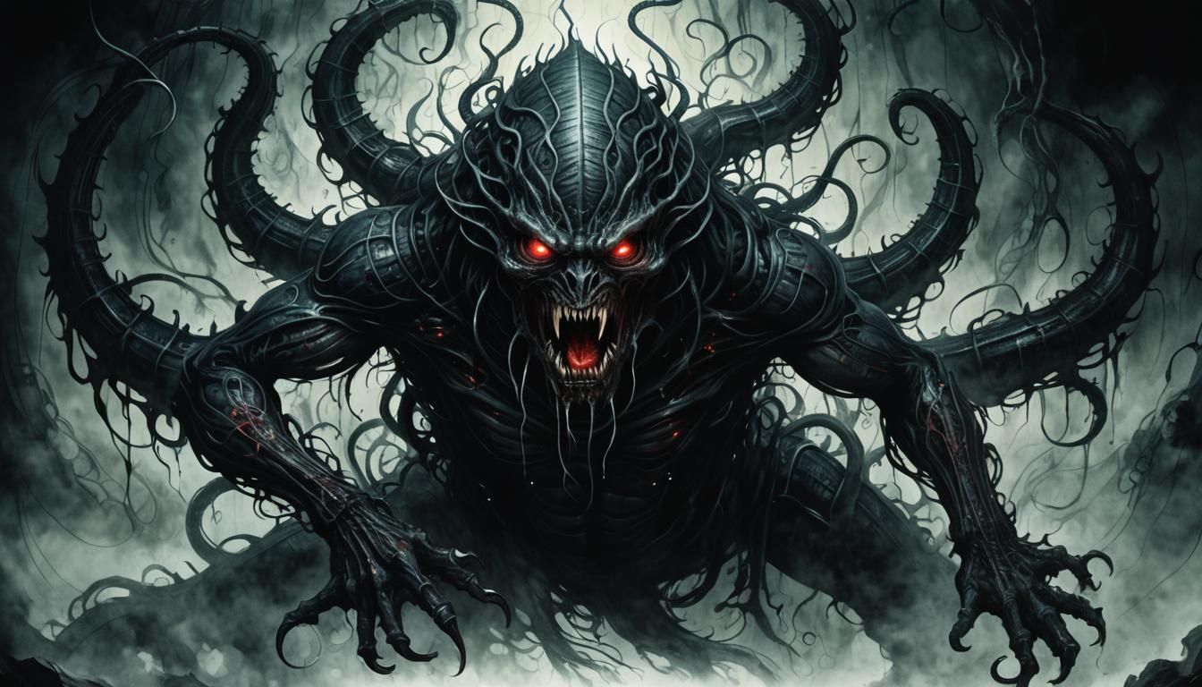 Grotesque Ink Monster Emerging from Darkness