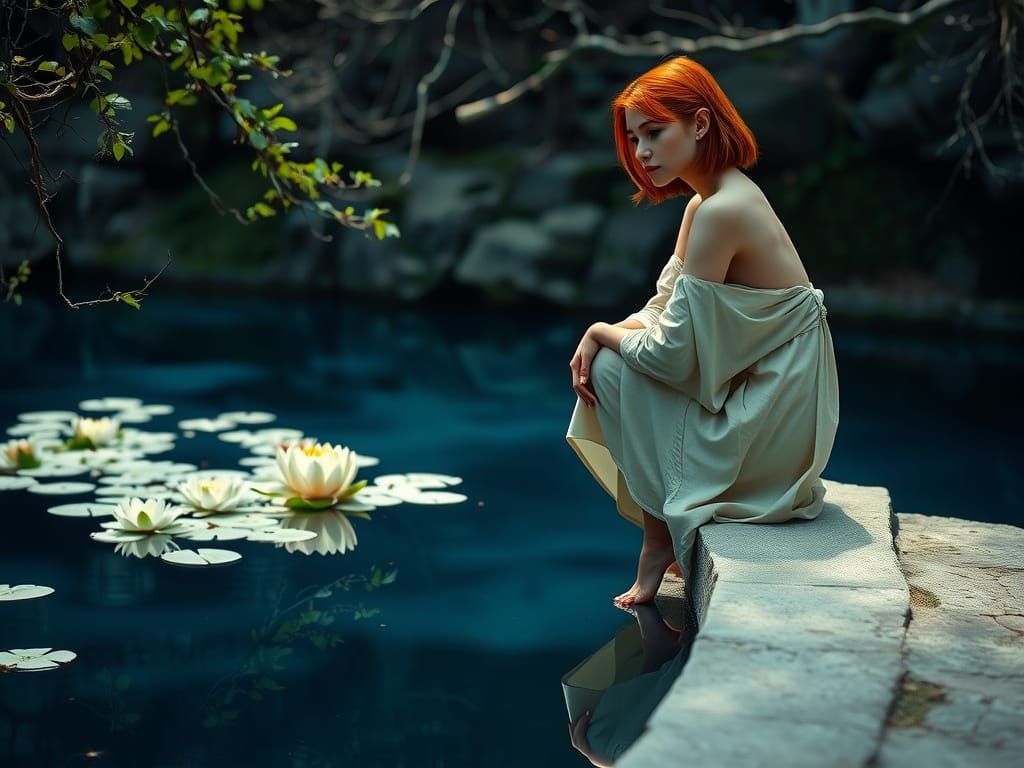 Woman Contemplating by Reflecting Pond in Soft Light